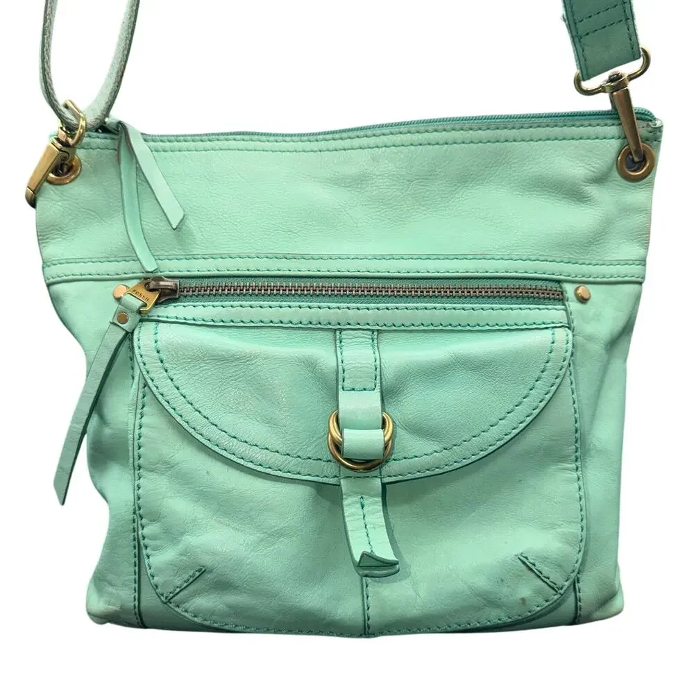 Fossil Mint Green Leather Crossbody Shoulder Bag Vintage Organizer